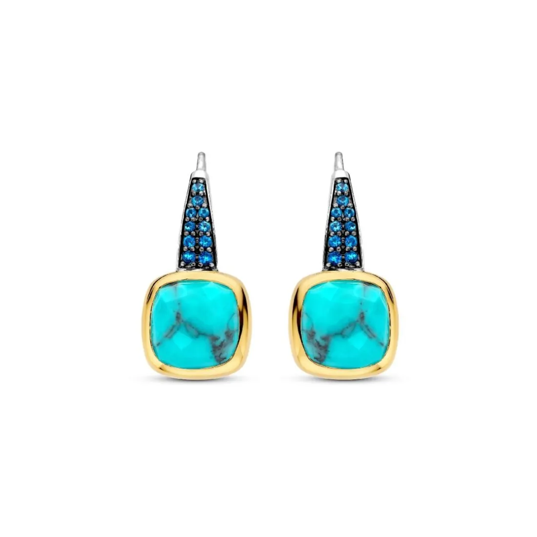 Boucles D'Oreilles Ti Sento - 7969TQ Argent Doré Pierre Veinée Turquoise Carré Et Oxydes De Zirconium Bleus