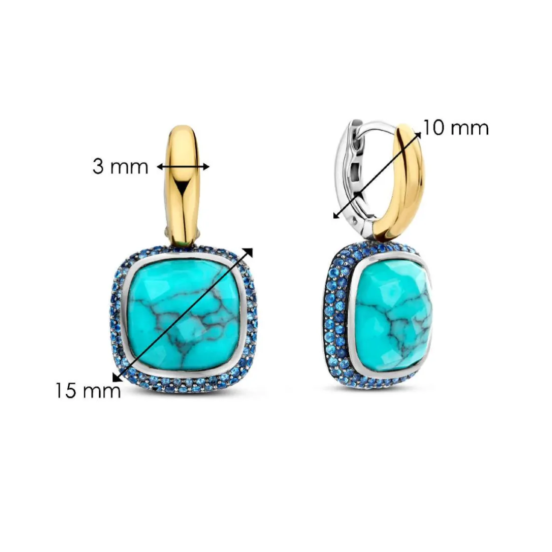 Boucles D'Oreilles Ti Sento - 7968TQ Argent Doré Pierre Veinée Turquoise Carré Et Oxydes De Zirconium Bleus