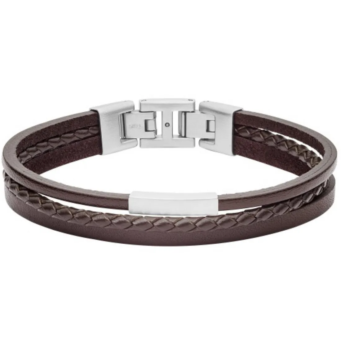 Bracelet Fossil JF03323040 - VINTAGE CASUAL Fermoir Acier Argenté Cuir Marron Homme