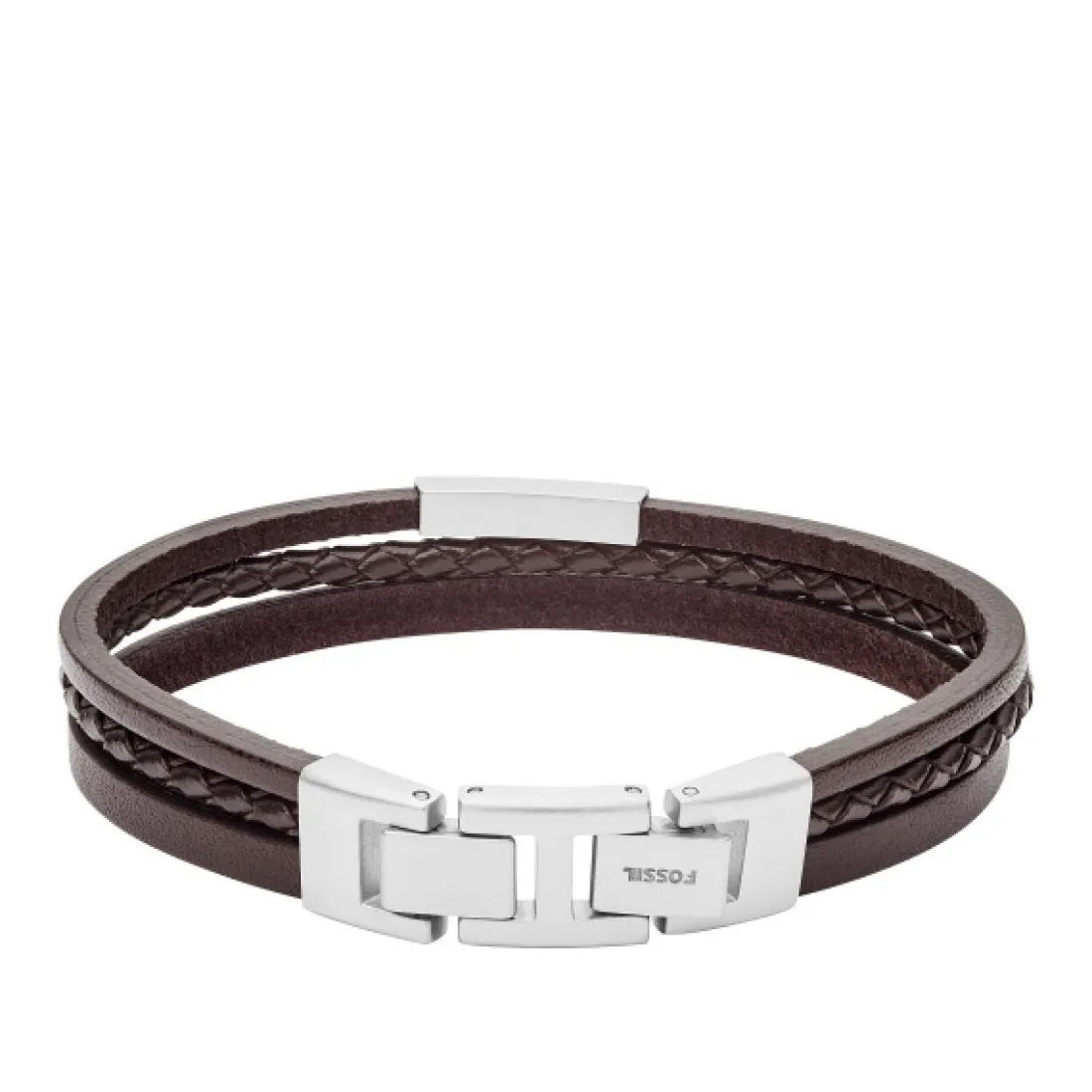 Bracelet Fossil JF03323040 - VINTAGE CASUAL Fermoir Acier Argenté Cuir Marron Homme