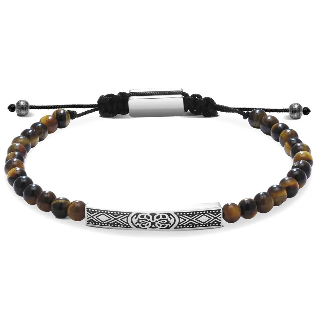 Bracelet Homme ROCHET TALISMAN - oeil de tigre et plaque acier gravé sur cordon coton noir réglable