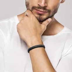 Bracelet Homme acier cuir tressé noir Maison de la Bijouterie 3ZYZYZYZ
