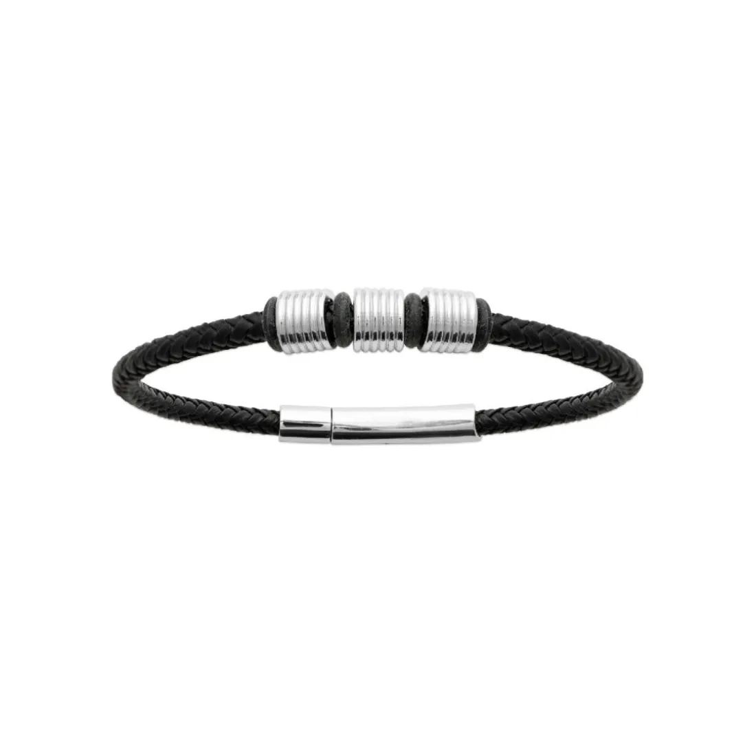 Bracelet Homme acier cuir tressé noir Maison de la Bijouterie 3ZYZY6YZ