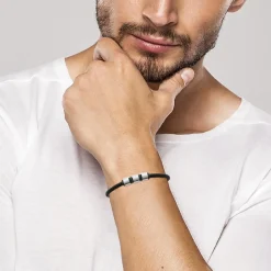 Bracelet Homme acier cuir tressé noir Maison de la Bijouterie 3ZYZY6YZ