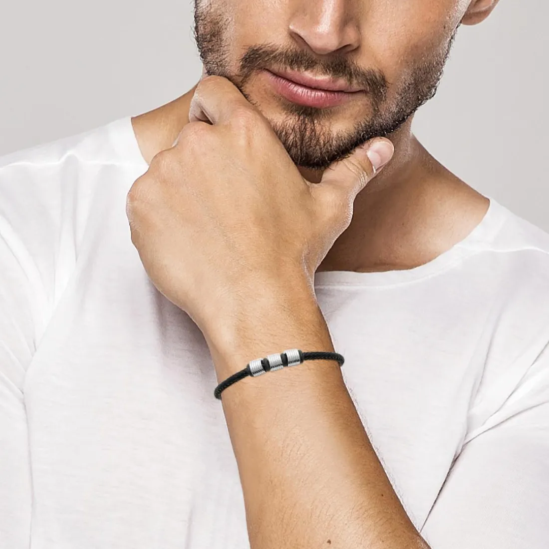 Bracelet Homme acier cuir tressé noir Maison de la Bijouterie 3ZYZY6YZ
