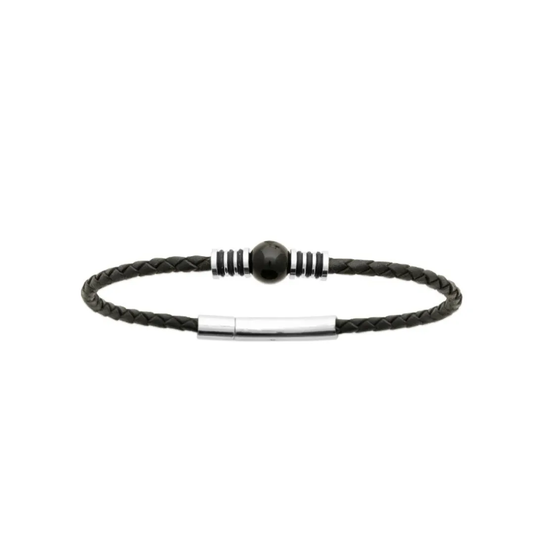 Bracelet Homme acier cuir tressé noir perle agate noire Maison de la Bijouterie 3ZYZ3YYZ