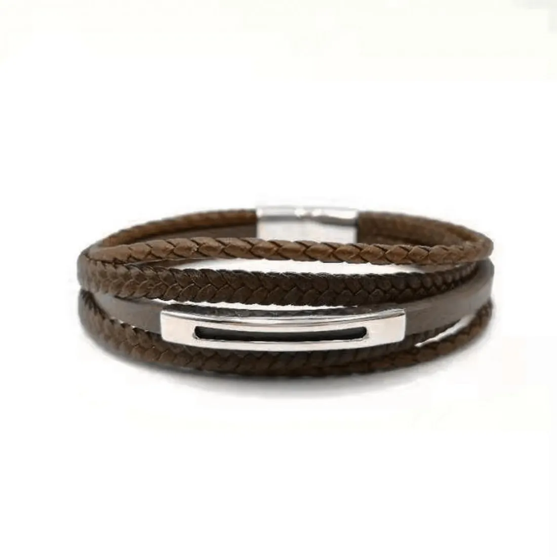 Bracelet Redskins Bijoux 285601 - Homme Marron en Cuir Tressé et Acier - Plaque Fendue