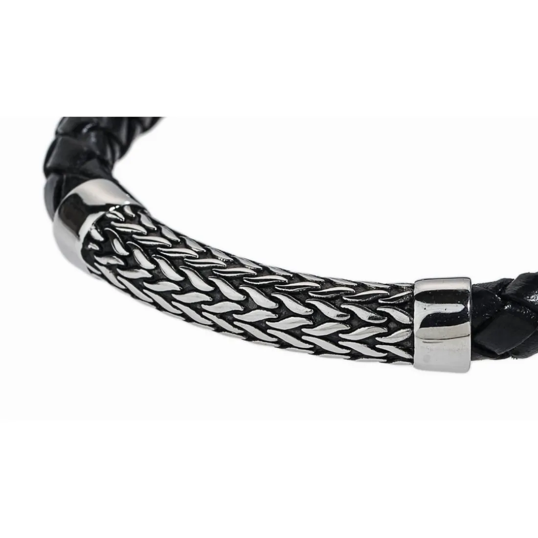 Bracelet Redskins Bijoux 285527 - Homme en Cuir Tressé Épais et Acier- Gravure Feuillage