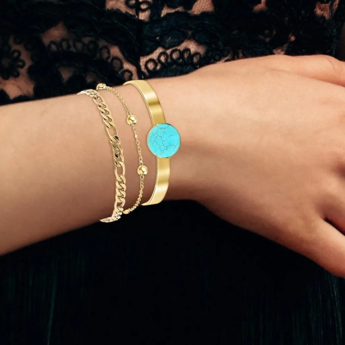 Bracelet Femme So Charm - B2371-DORE+B2384-DORE+B2494-TURQUOISE - Bracelets Mode Dorés