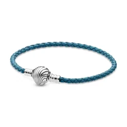 Bracelet Pandora Moments en Cuir Tressé Turquoise Fermoir Coquillage