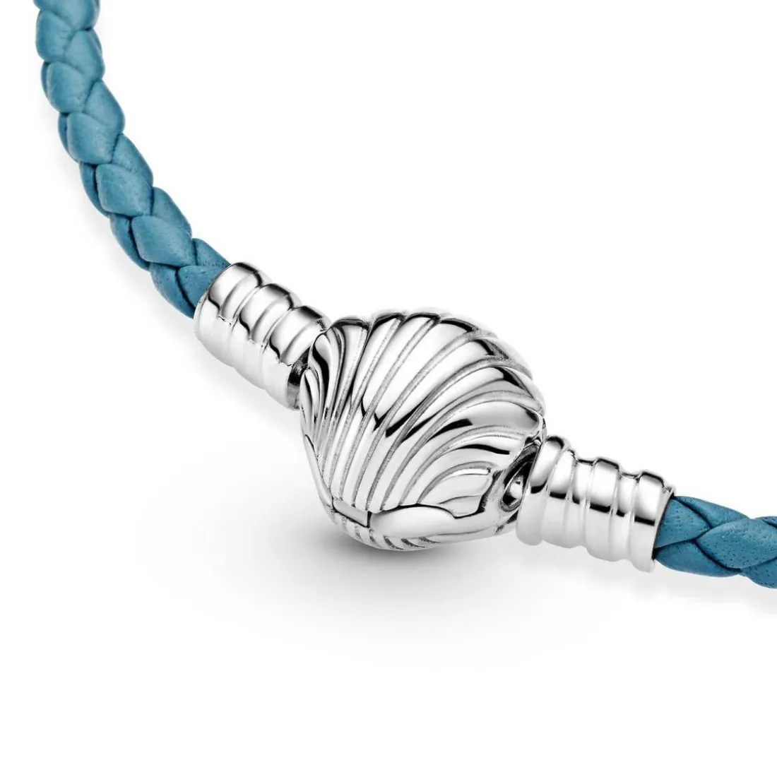 Bracelet Pandora Moments en Cuir Tressé Turquoise Fermoir Coquillage
