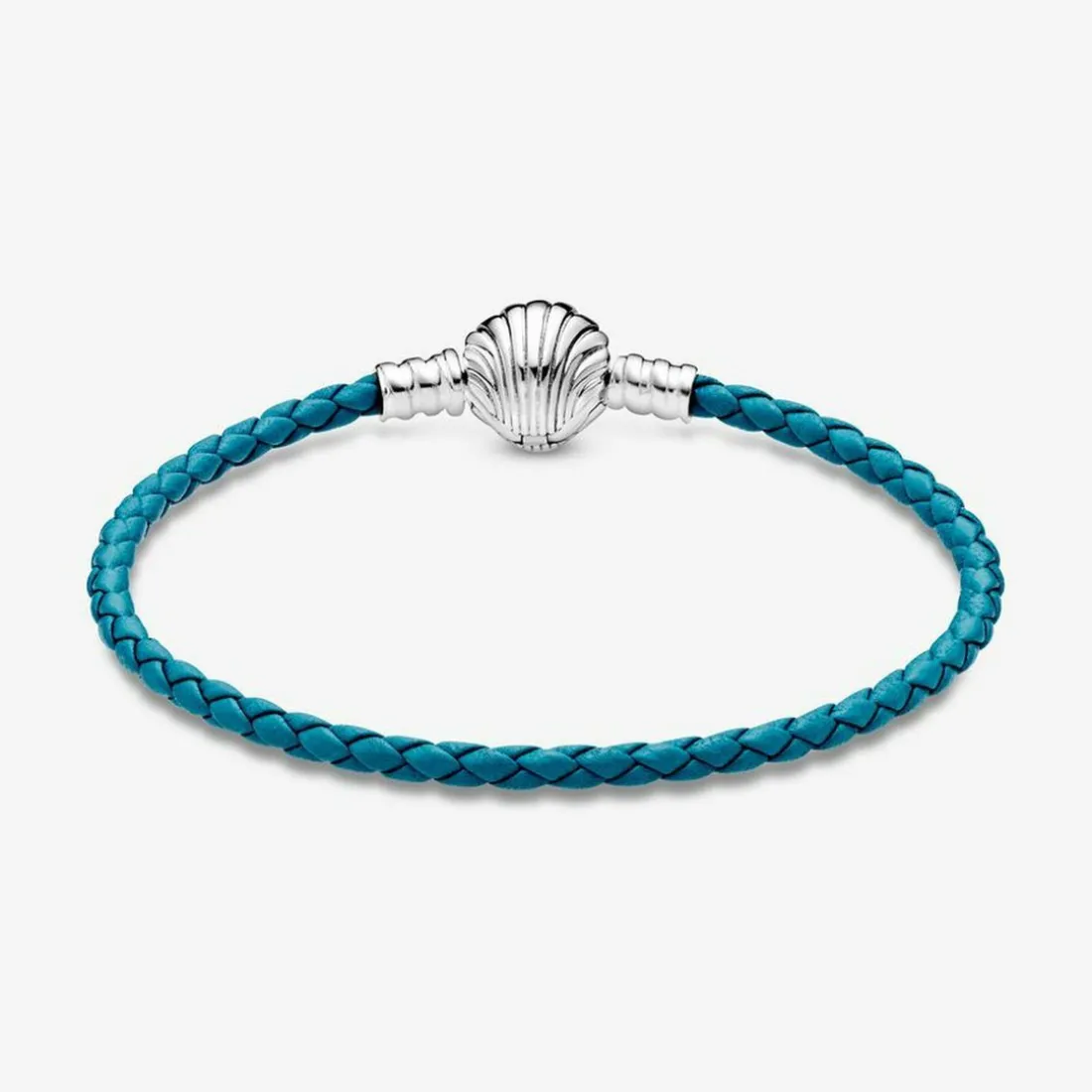 Bracelet Pandora Moments en Cuir Tressé Turquoise Fermoir Coquillage