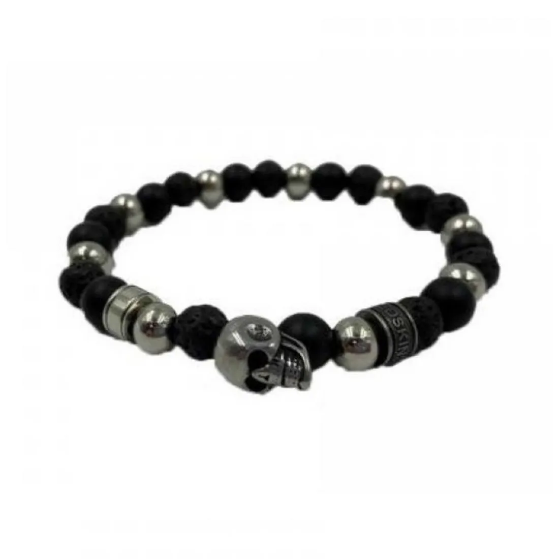 Bracelet Redskins Bijoux 285530 - Homme en Perles de Lave Onyx Noir et Acier - Tête de Mort