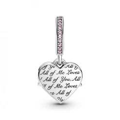 Charm Double Pendant Cœur gravé & Cœur Mum cristaux rose Pandora Passions