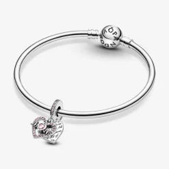Charm Double Pendant Cœur gravé & Cœur Mum cristaux rose Pandora Passions