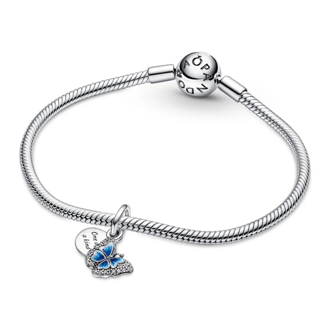 Charm double pendant Pandora Moments Papillon bleu scintillant & Citation