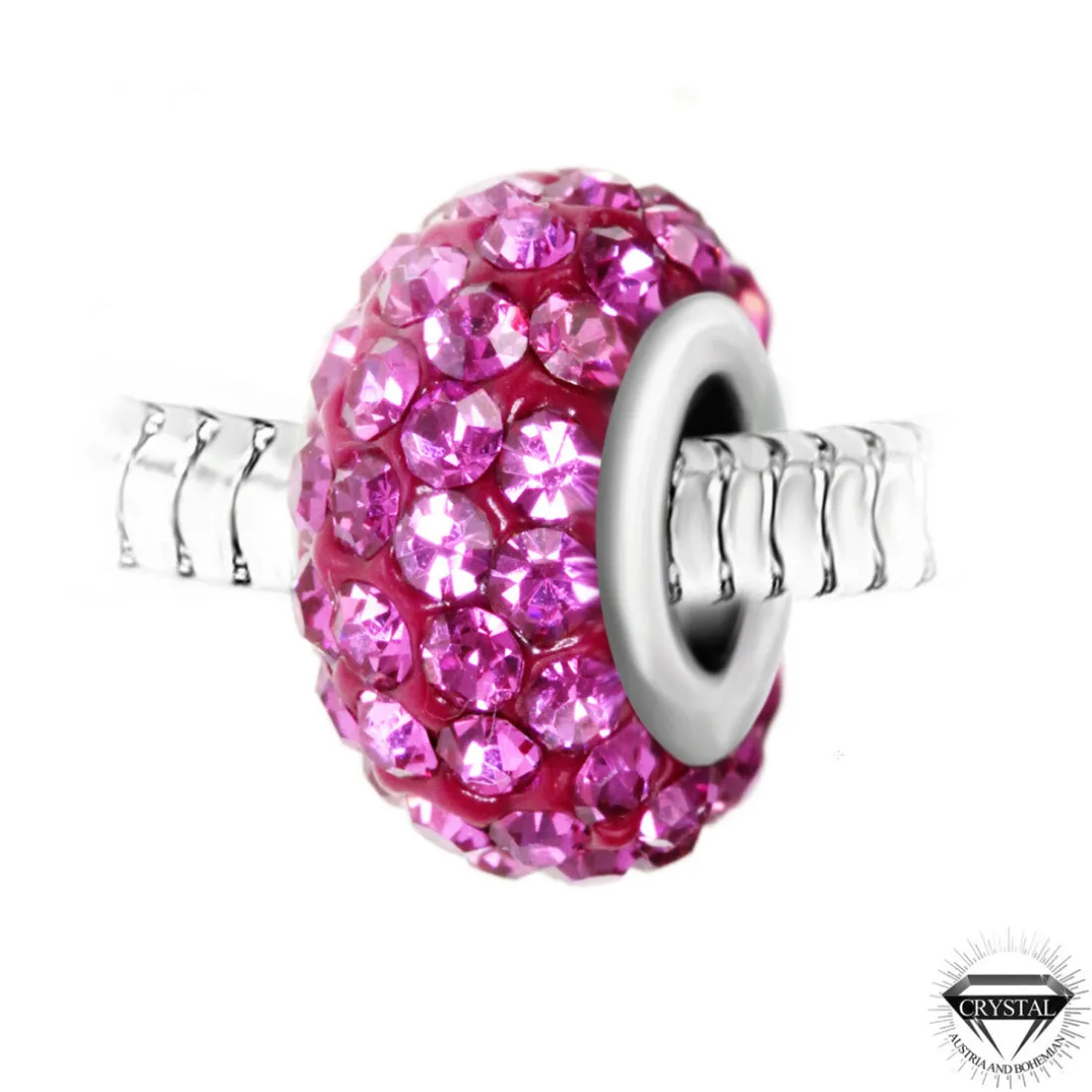 Charm perle pavé de cristaux roses et acier par SC Crystal BEA0029