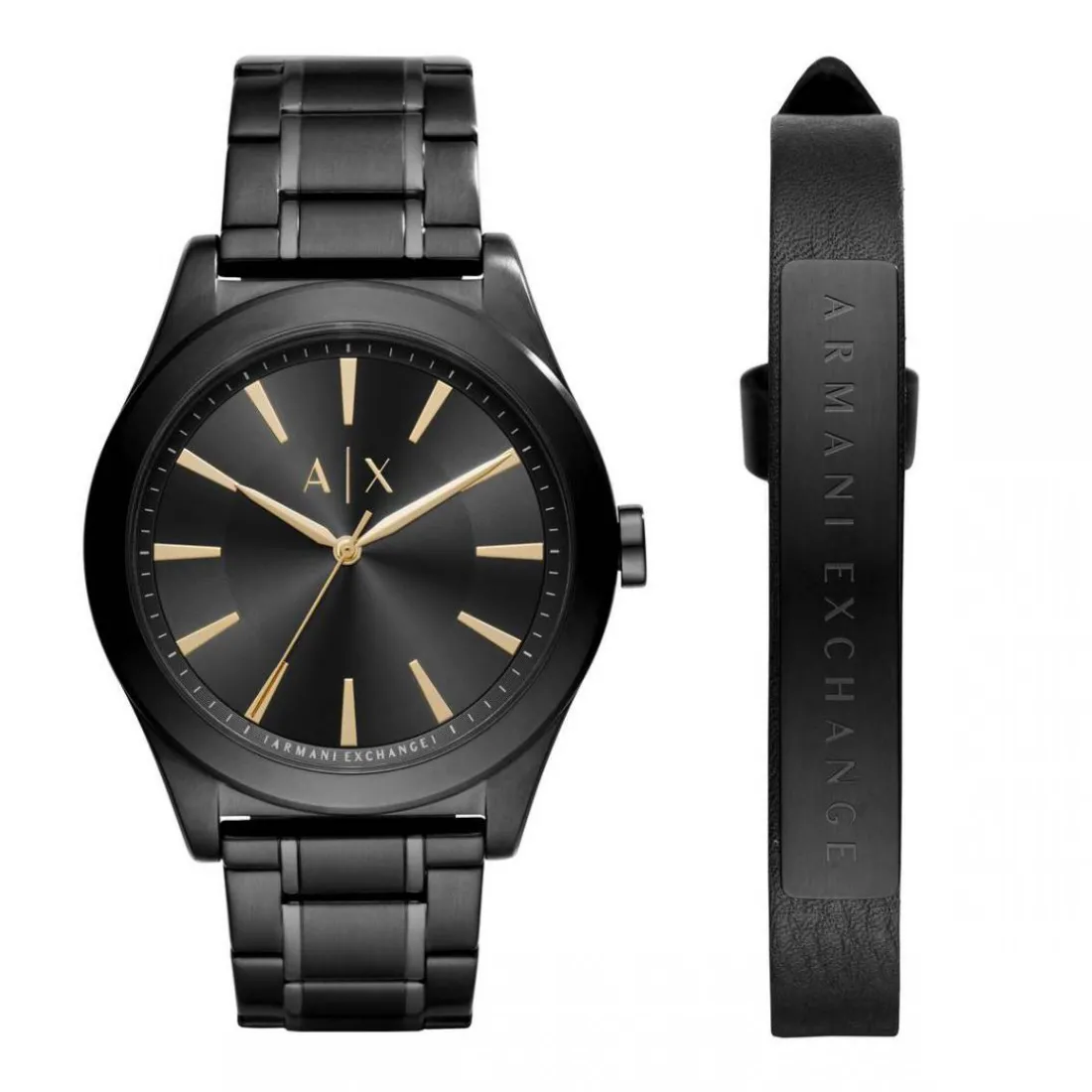Coffret Montre Armani Exchange AX7102 - Bracelet en cuir noir et acier plaqué noir + Montre Bracelet Acier Noir Boitier Acier Noir Homme