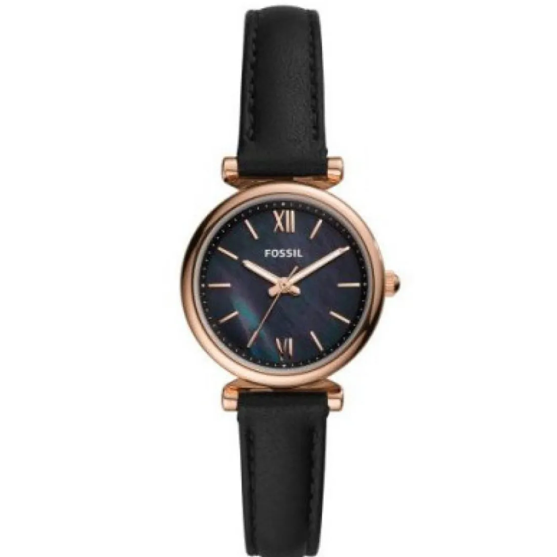 Montre Fossil ES4700 - CARLIE MINI Boîtier Acier Doré Rose Bracelet Cuir Noir Femme
